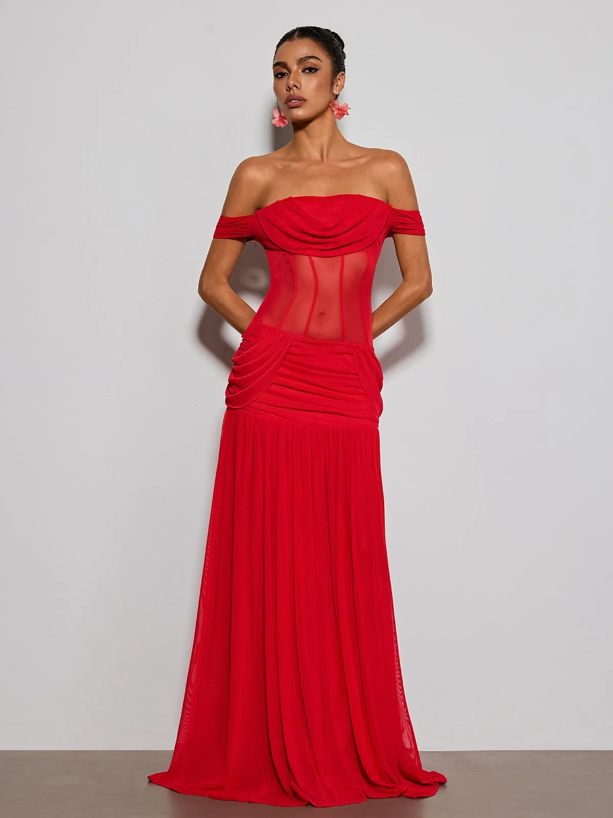 Tivora Off Shoulder Mesh Ruched Maxi Dress sold by Mew Mews