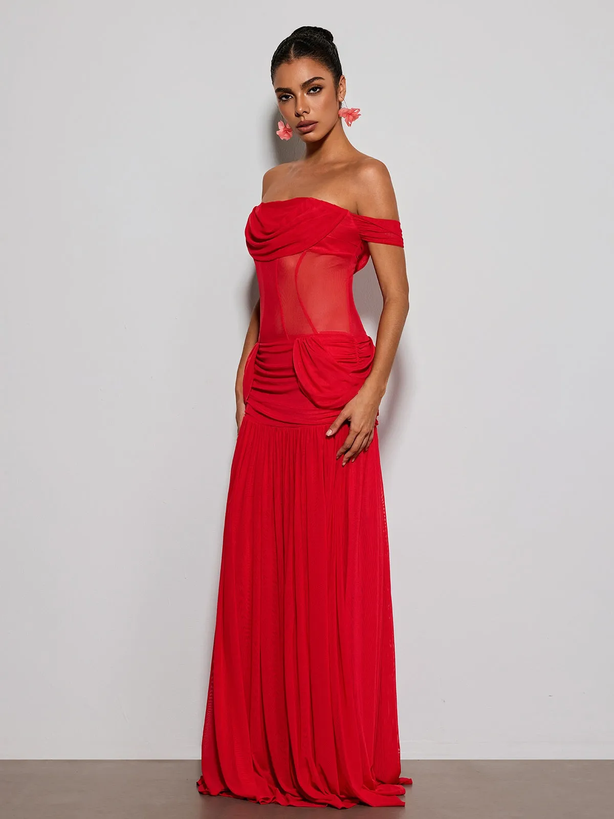 Tivora Off Shoulder Mesh Ruched Maxi Dress sold by Mew Mews product image thumbnail 4