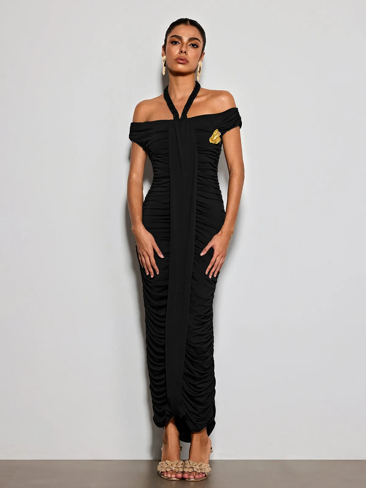 Erizelda Halterneck Ruched Maxi Dress In Black sold by Mew Mews product image thumbnail 3