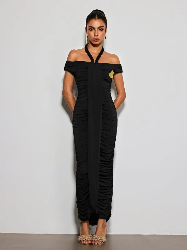 Erizelda Halterneck Ruched Maxi Dress In Black made by Mew Mews