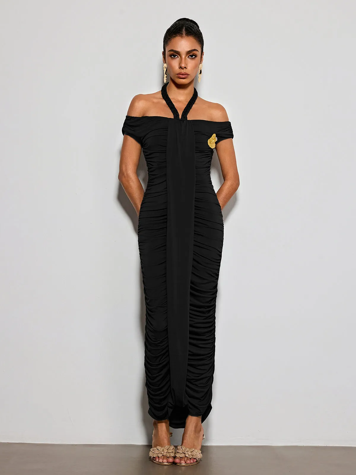 Erizelda Halterneck Ruched Maxi Dress In Black sold by Mew Mews