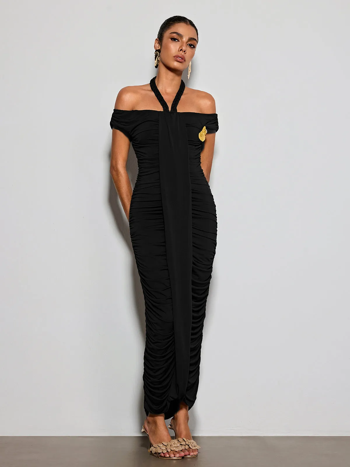 Erizelda Halterneck Ruched Maxi Dress In Black sold by Mew Mews product image thumbnail 4