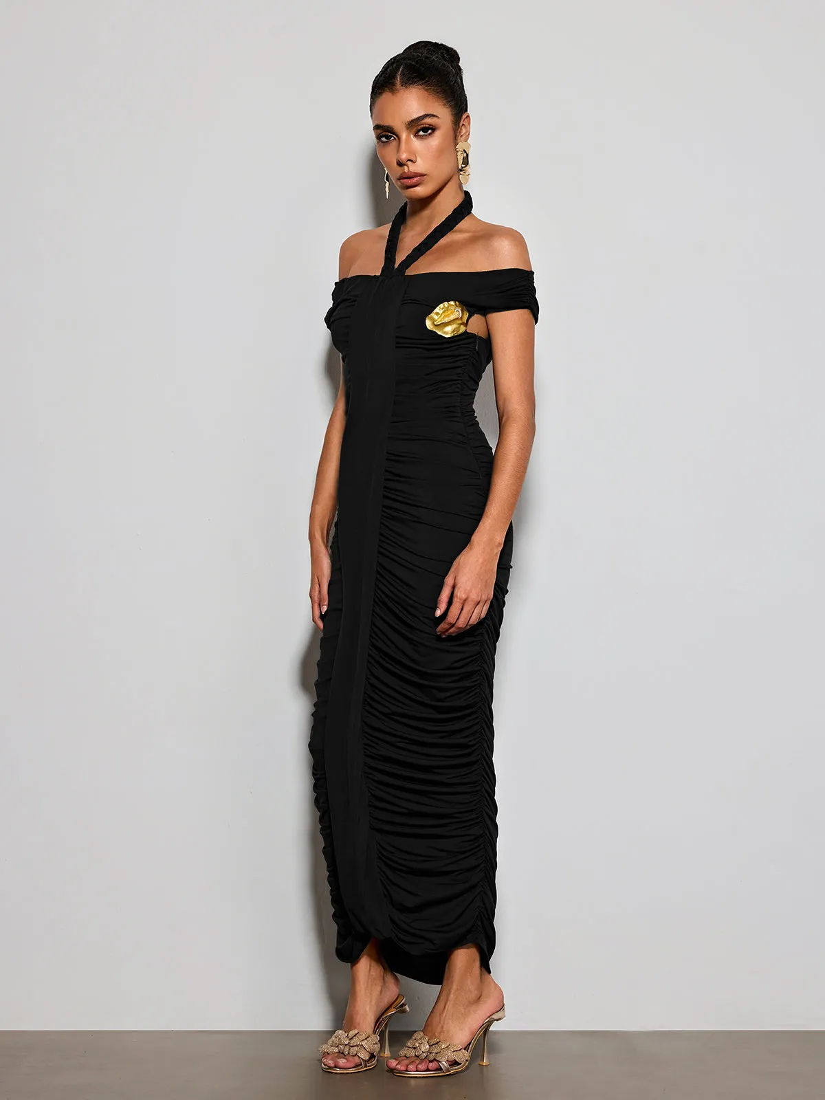 Erizelda Halterneck Ruched Maxi Dress In Black sold by Mew Mews product image thumbnail 2