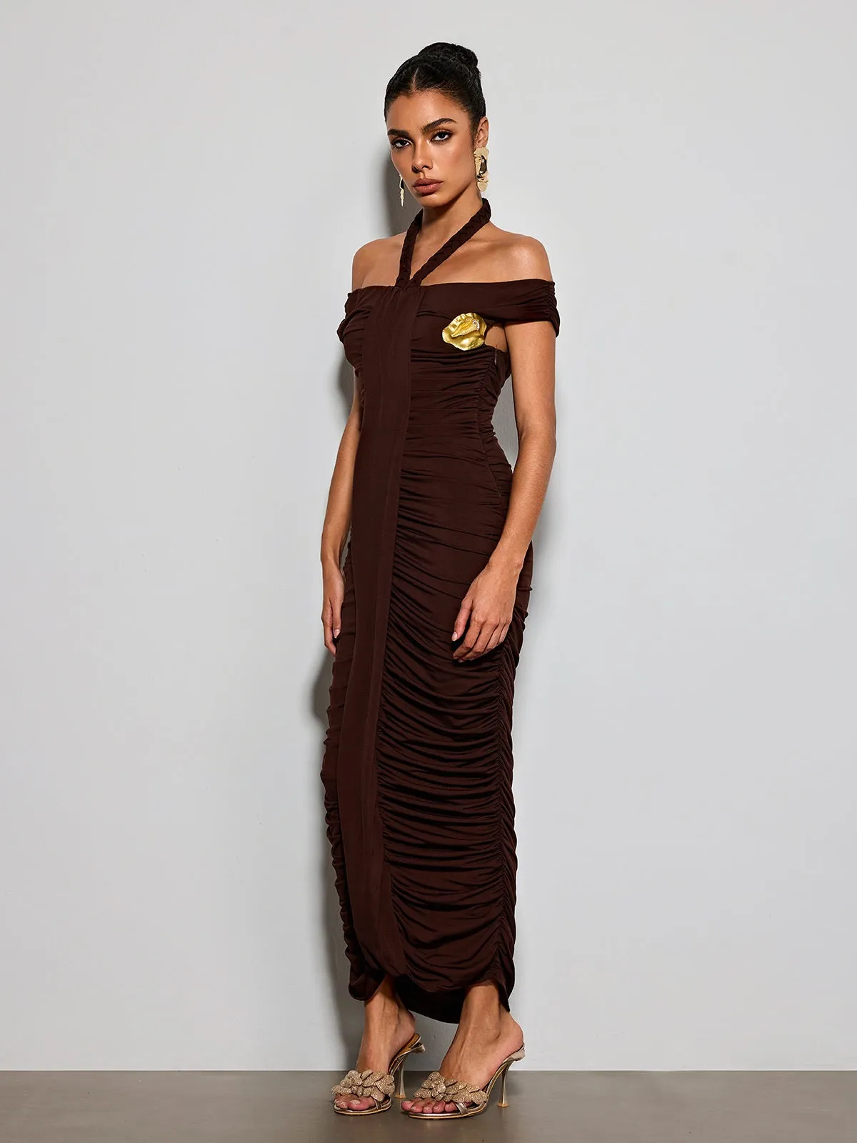 Erizelda Halterneck Ruched Maxi Dress In Brown sold by Mew Mews product image thumbnail 2
