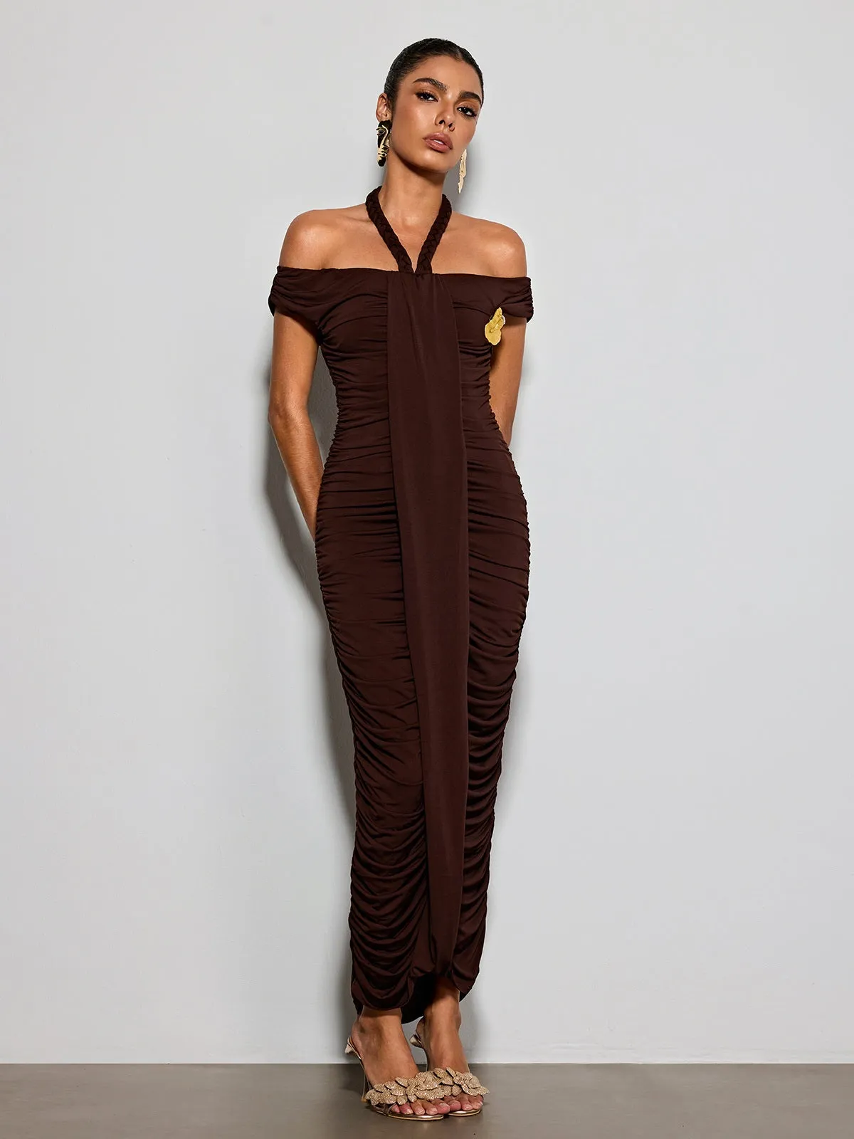 Erizelda Halterneck Ruched Maxi Dress In Brown sold by Mew Mews product image thumbnail 4