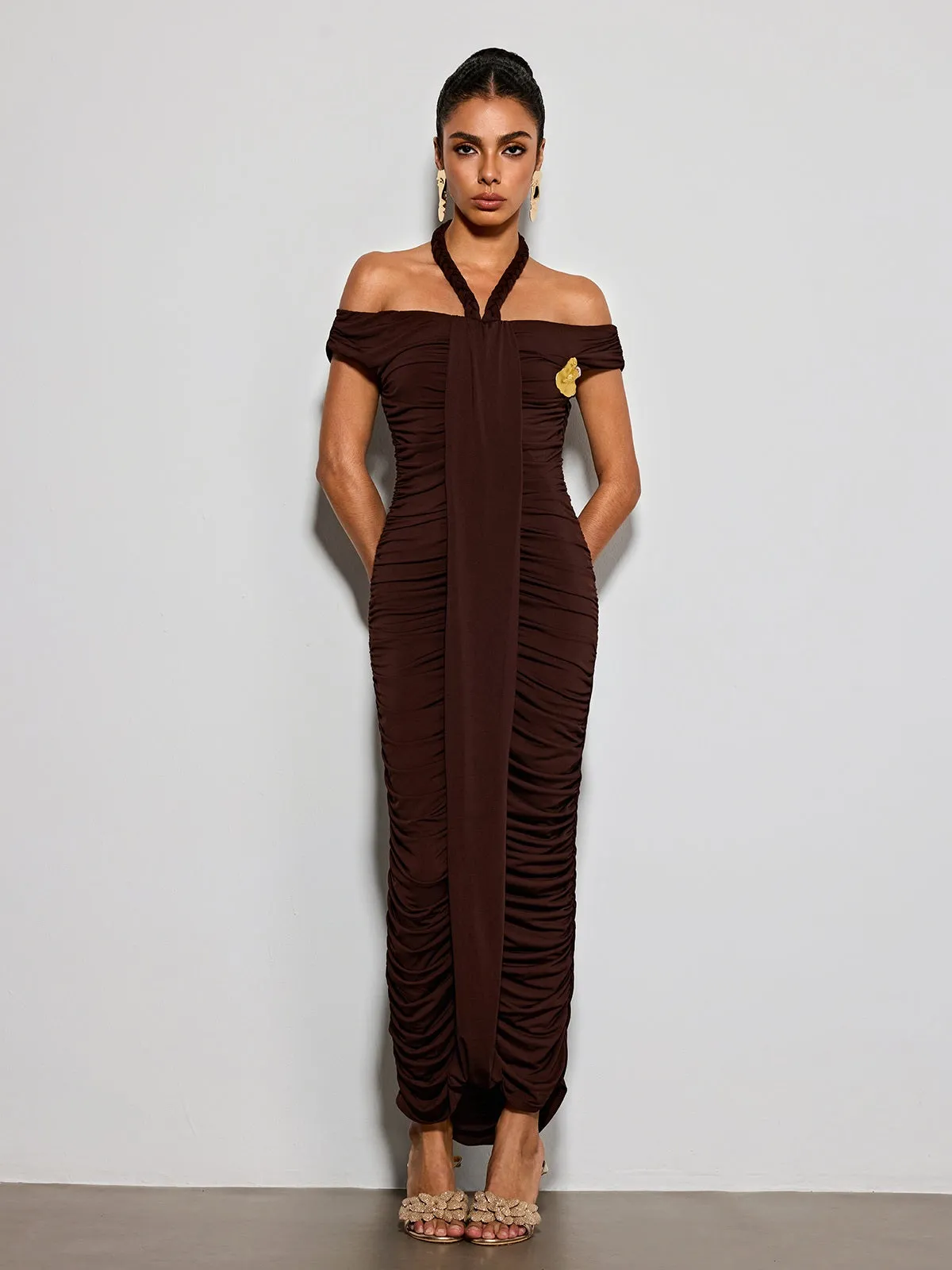 Erizelda Halterneck Ruched Maxi Dress In Brown sold by Mew Mews product image thumbnail 3