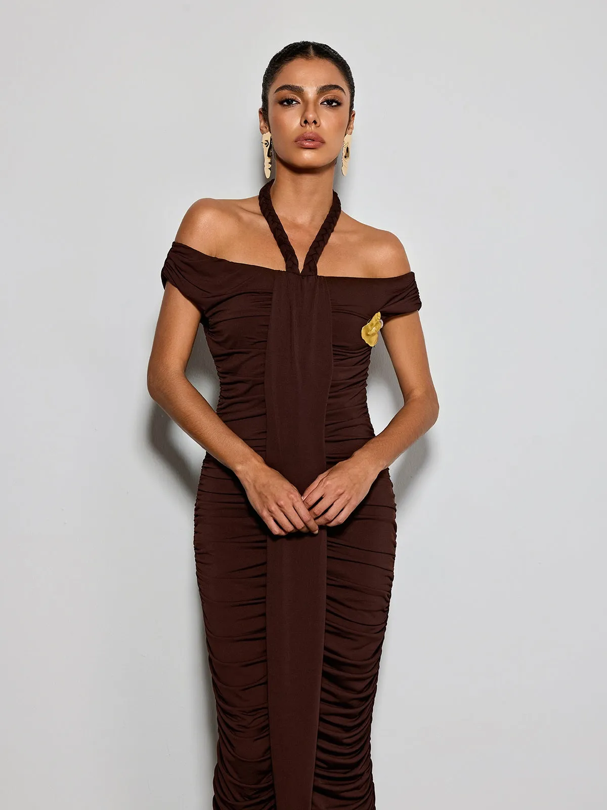Erizelda Halterneck Ruched Maxi Dress In Brown sold by Mew Mews product image thumbnail 5