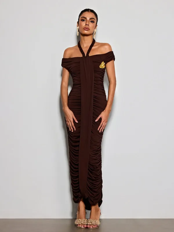 Erizelda Halterneck Ruched Maxi Dress In Brown made by Mew Mews
