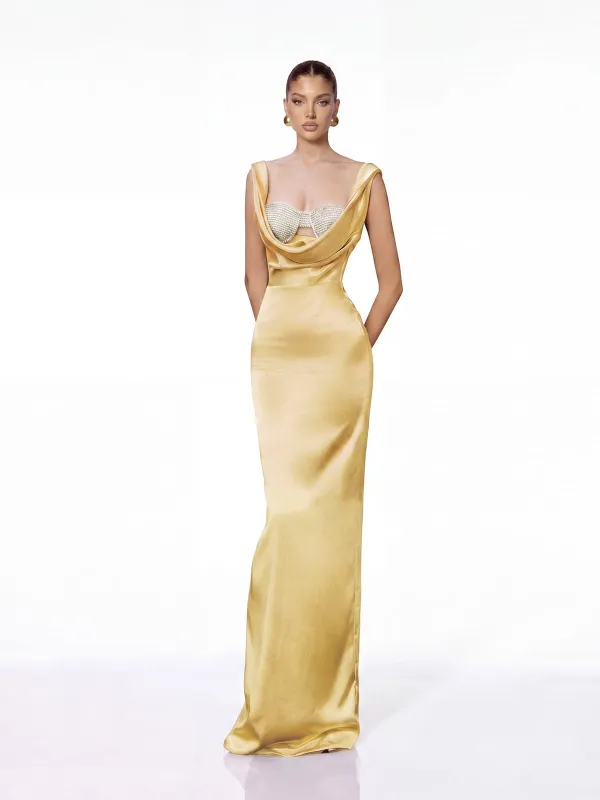 Evoryn Cowl Neck Satin Maxi Dress made by Mew Mews