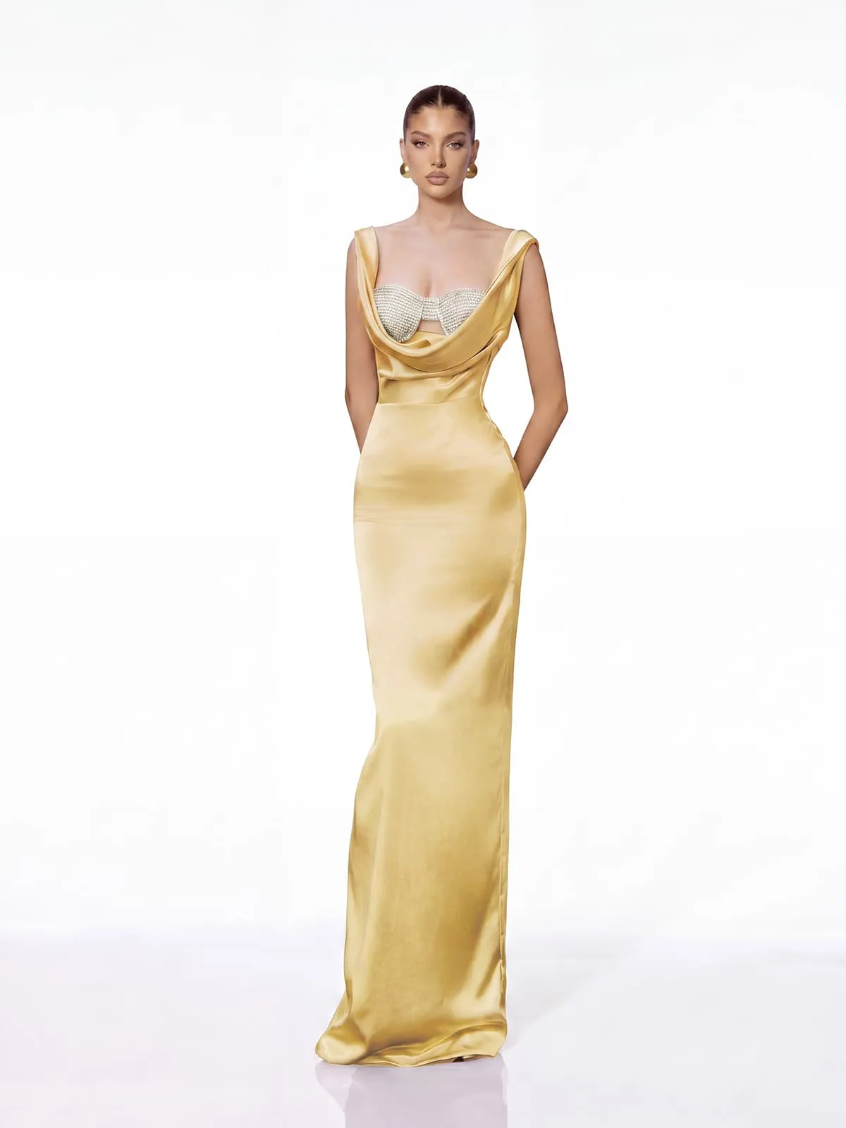 Evoryn Cowl Neck Satin Maxi Dress sold by Mew Mews