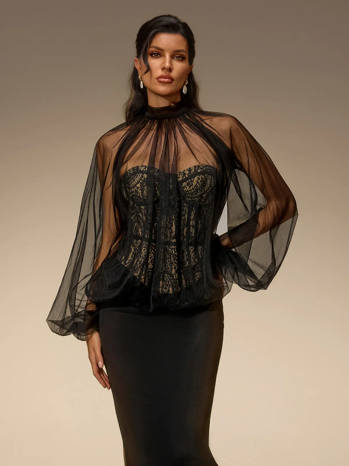 Evelia Lantern Sleeve Mesh Maxi Dress sold by Mew Mews product image thumbnail 2
