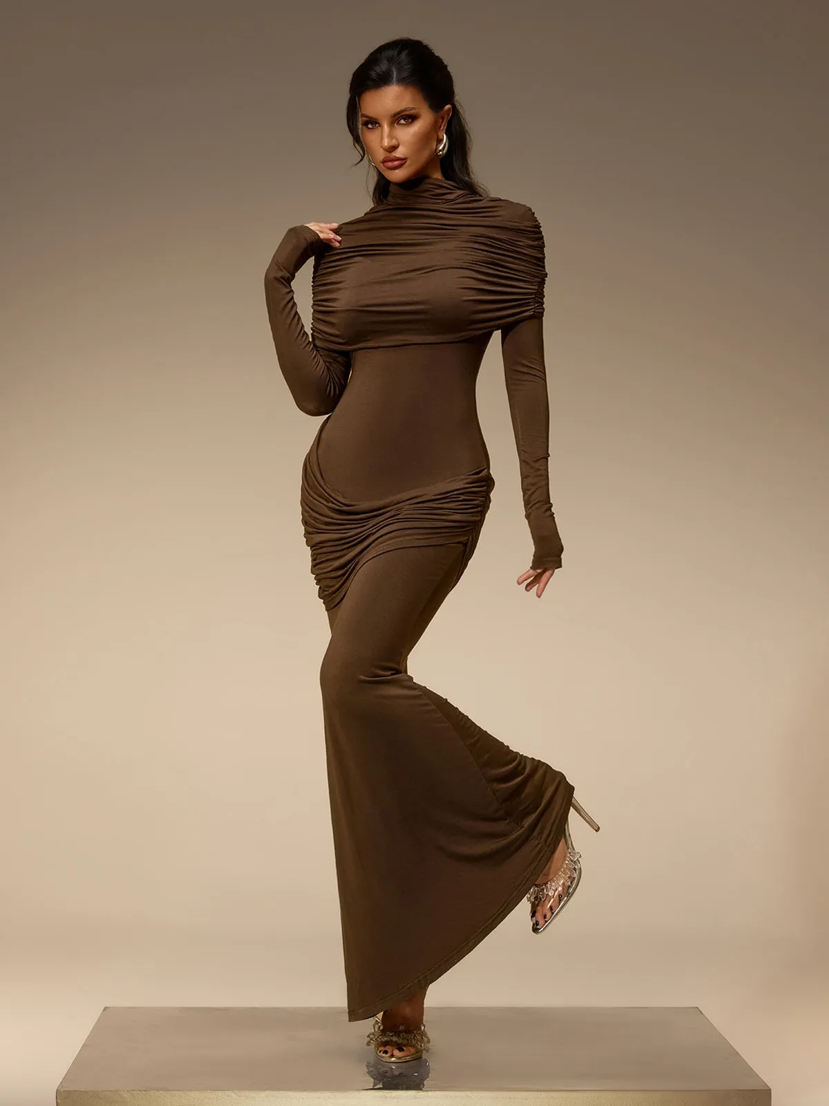 Cavero Cape Ruched Maxi Dress sold by Mew Mews