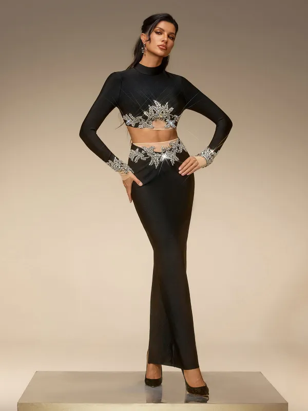 Selis Long Sleeve Rhinestone Bandage Skirt Set made by Mew Mews