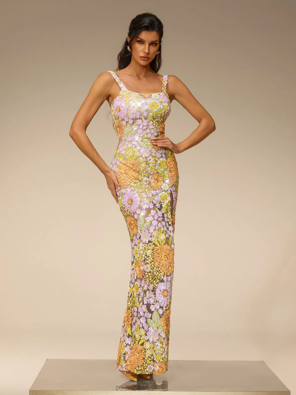 Amser Sequin Flower Split Maxi Dress sold by Mew Mews product image thumbnail 5
