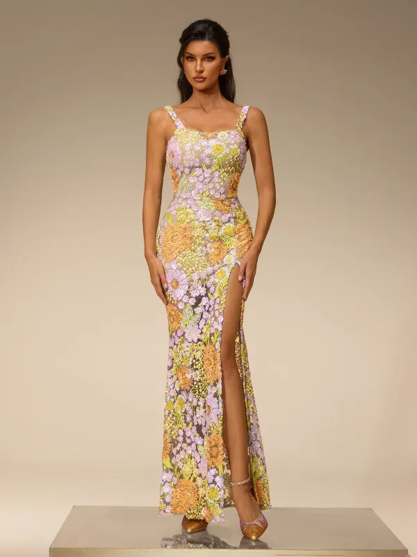 Amser Sequin Flower Split Maxi Dress made by Mew Mews