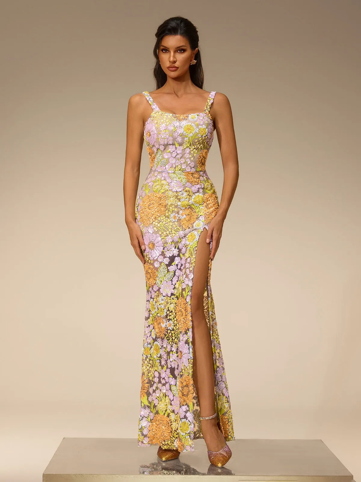Amser Sequin Flower Split Maxi Dress sold by Mew Mews