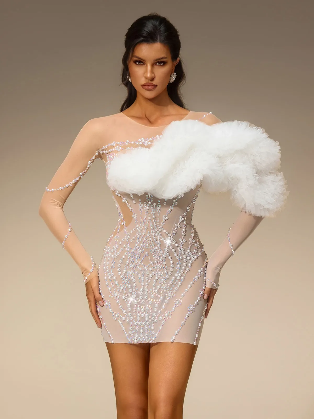 Torvex Long Sleeve Tulle Pearl Mini Dress sold by Mew Mews product image thumbnail 4