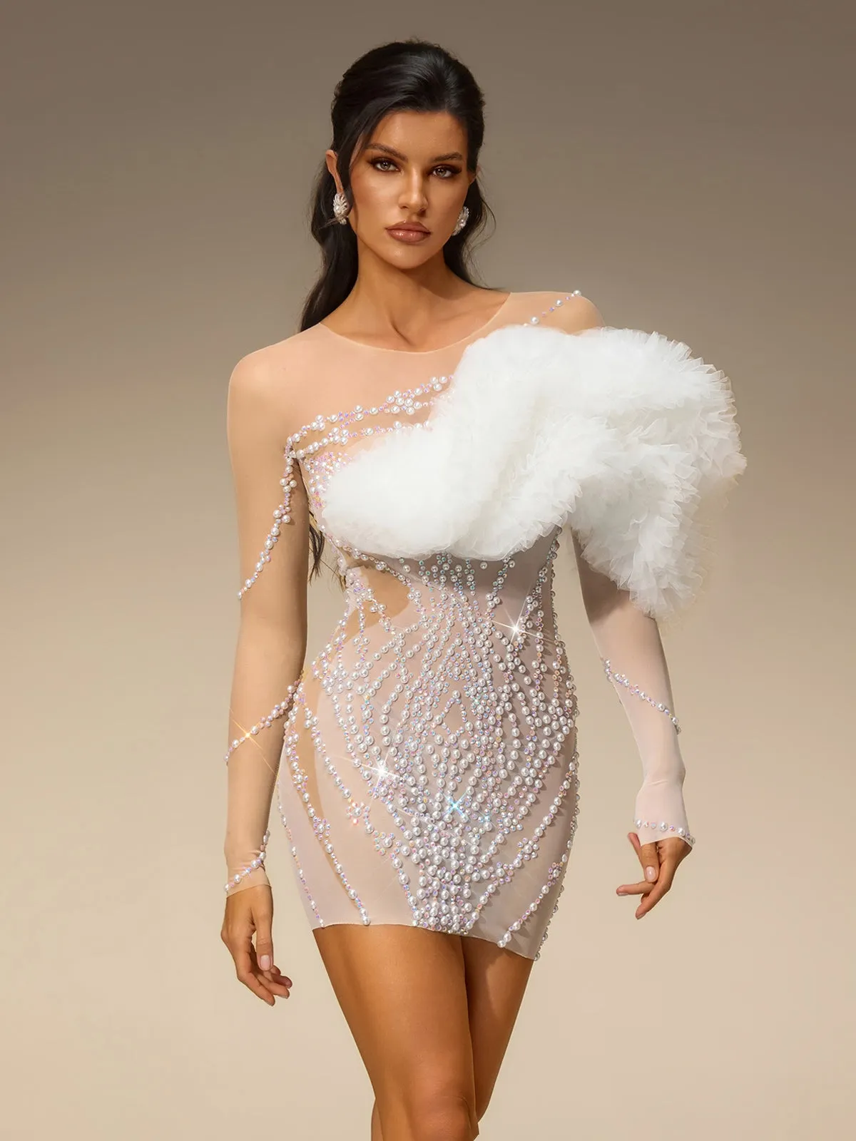 Torvex Long Sleeve Tulle Pearl Mini Dress sold by Mew Mews product image thumbnail 2