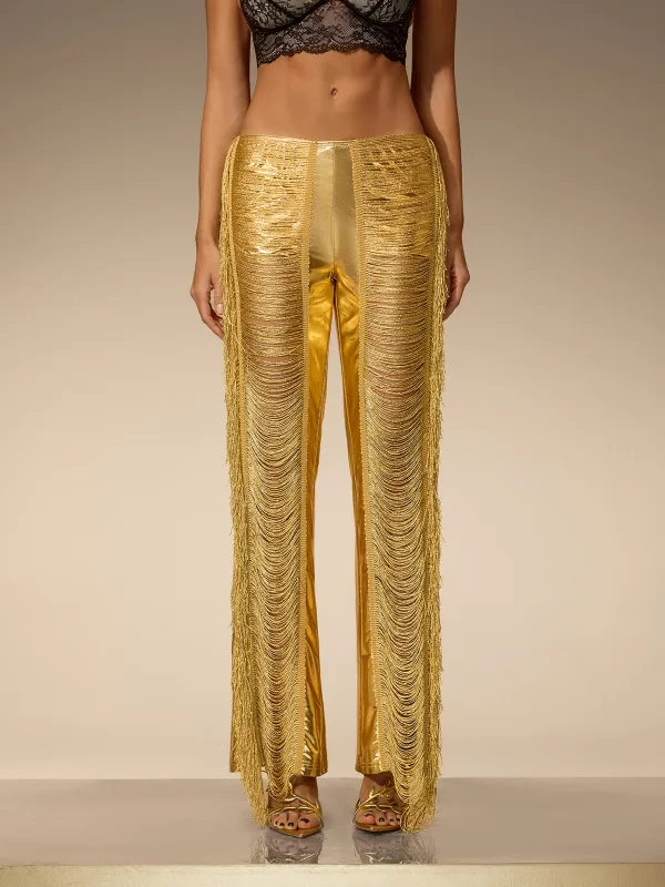 Ductia Fringe Metallic Pants made by Mew Mews