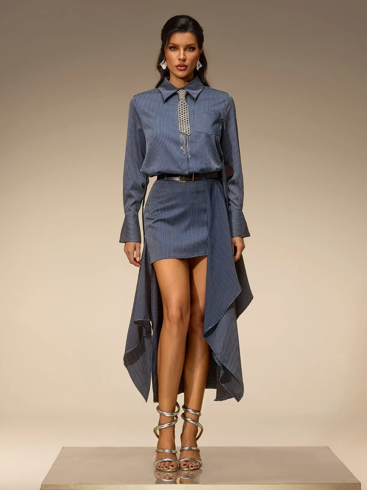 Selora Stripe Shirt Skirt Set With Belt sold by Mew Mews product image thumbnail 5