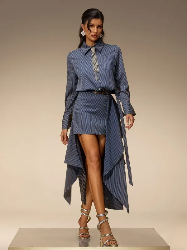 Selora Stripe Shirt Skirt Set With Belt made by Mew Mews