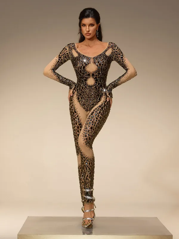 Evidane Long Sleeve Crystal Mesh Jumpsuit made by Mew Mews