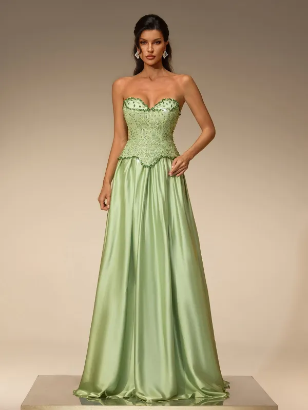 Lorvena Strapless Crystal Satin Maxi Dress made by Mew Mews