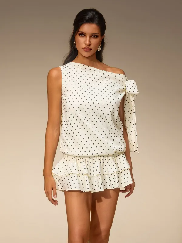 Evella Off Shoulder Dot Tiered Mini Dress made by Mew Mews