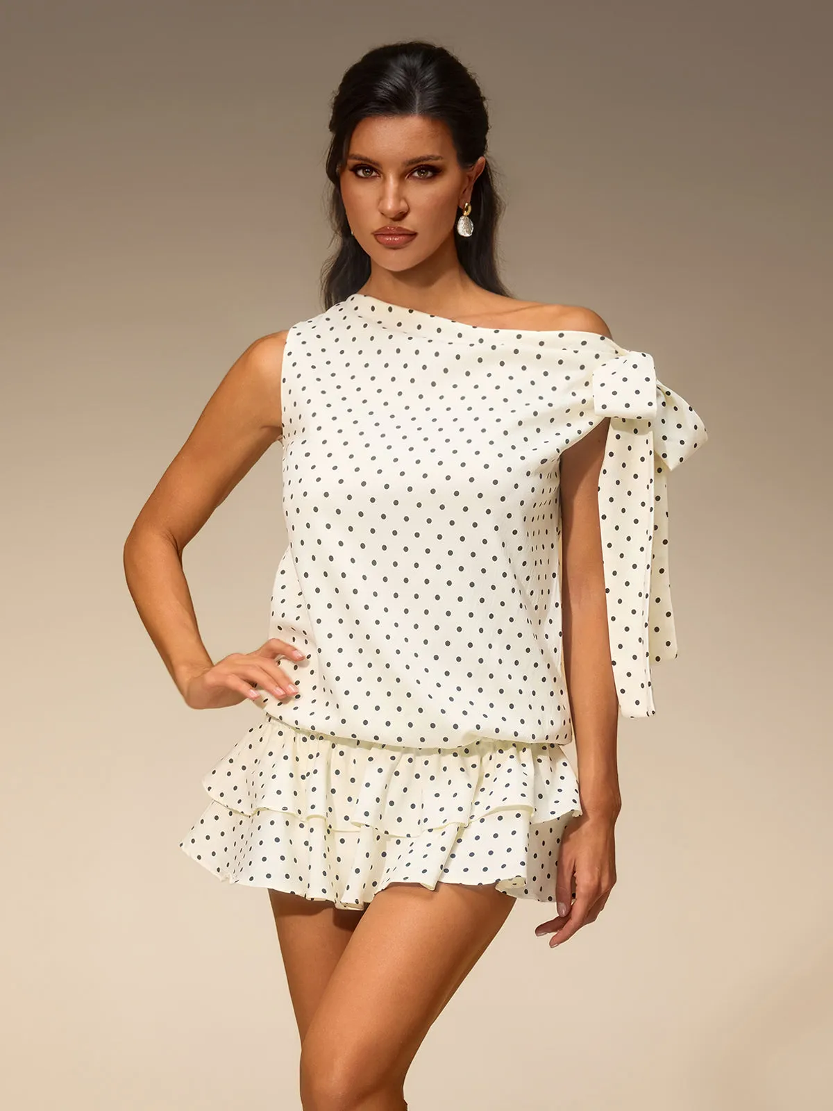 Evella Off Shoulder Dot Tiered Mini Dress sold by Mew Mews product image thumbnail 2