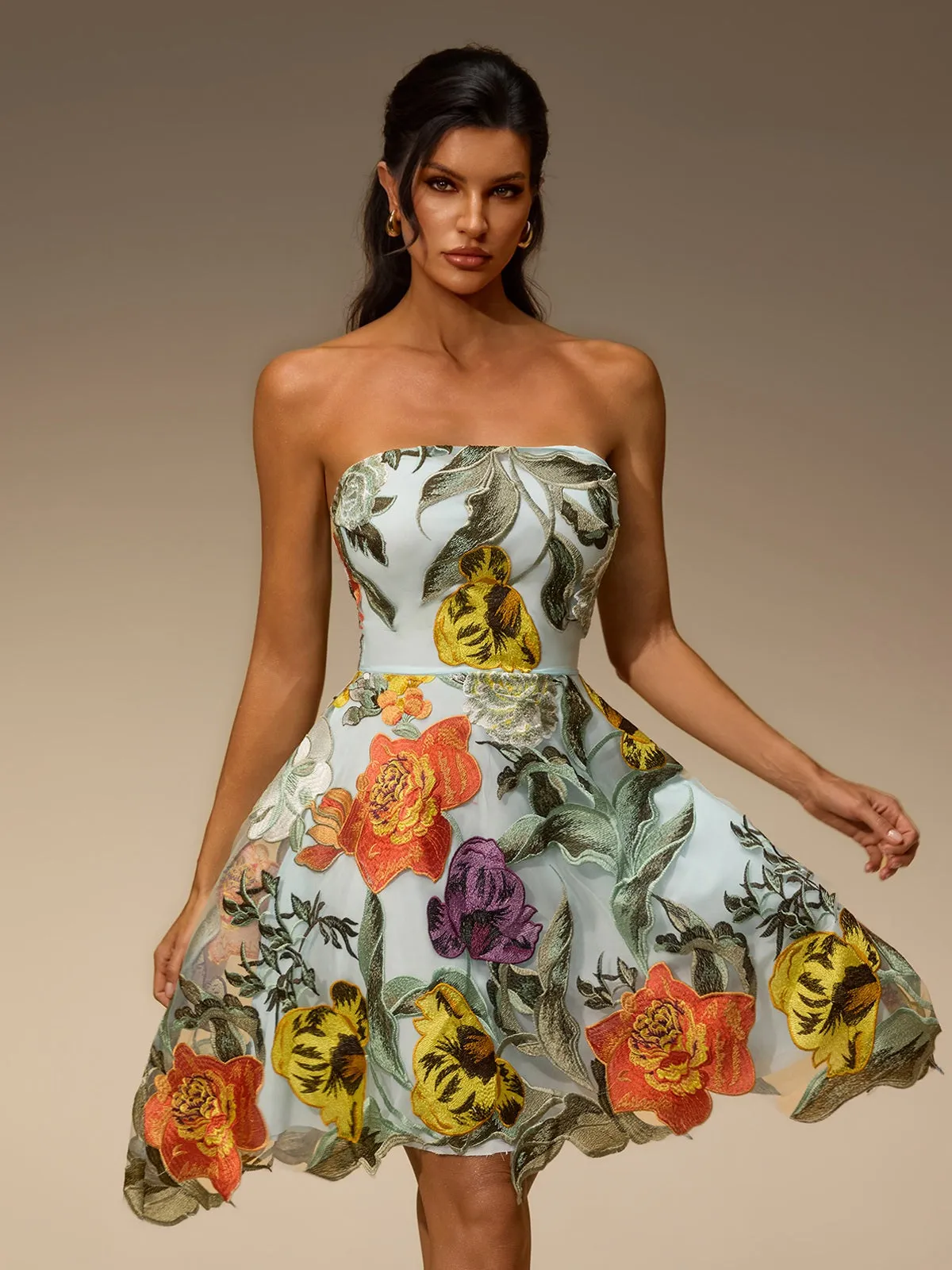 Jorent Strapless Flower Mini Dress sold by Mew Mews