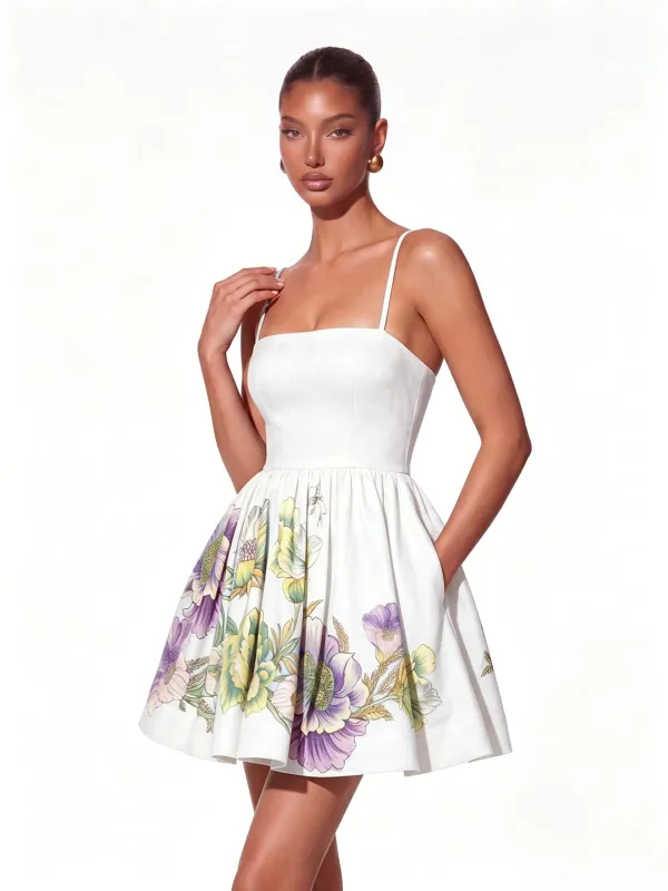 Kelora Spaghetti Floral Mini Dress In White made by Mew Mews