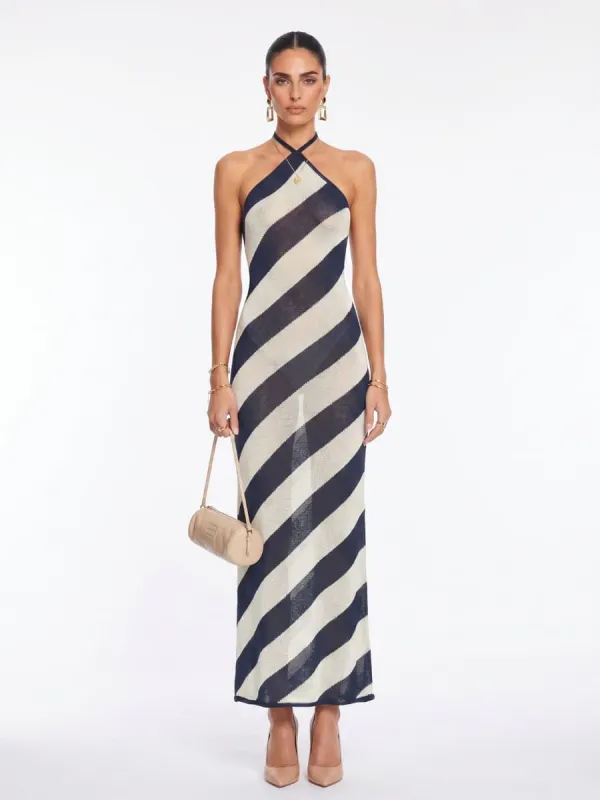 Cerith Halterneck Stripe Maxi Dress made by Mew Mews