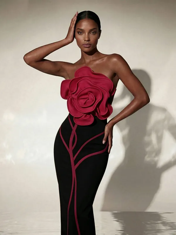 Caldren Strapless Flower Bandage Midi Dress In Black made by Mew Mews