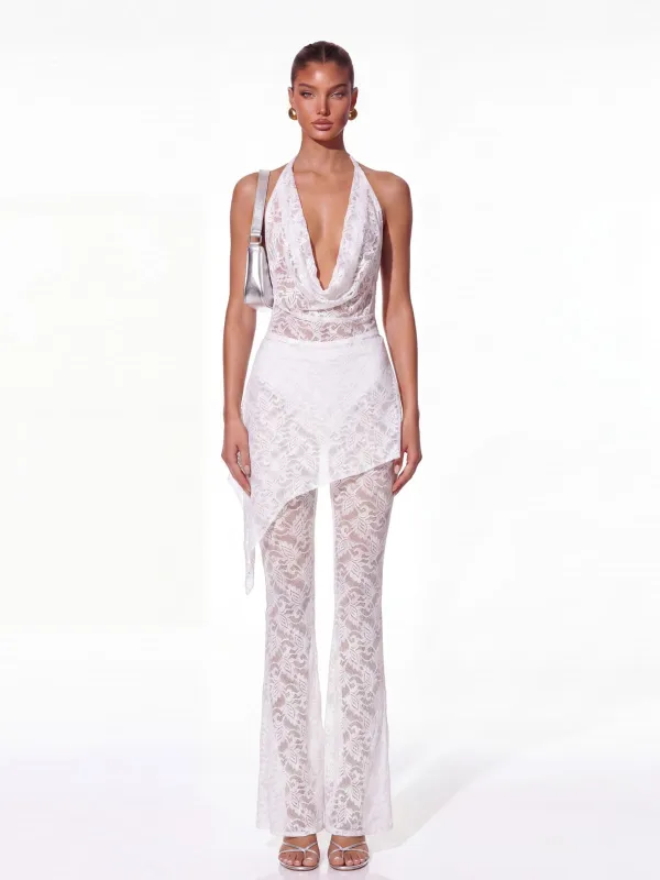 Senora Cowl Neck Lace Flared Pants Set made by Mew Mews