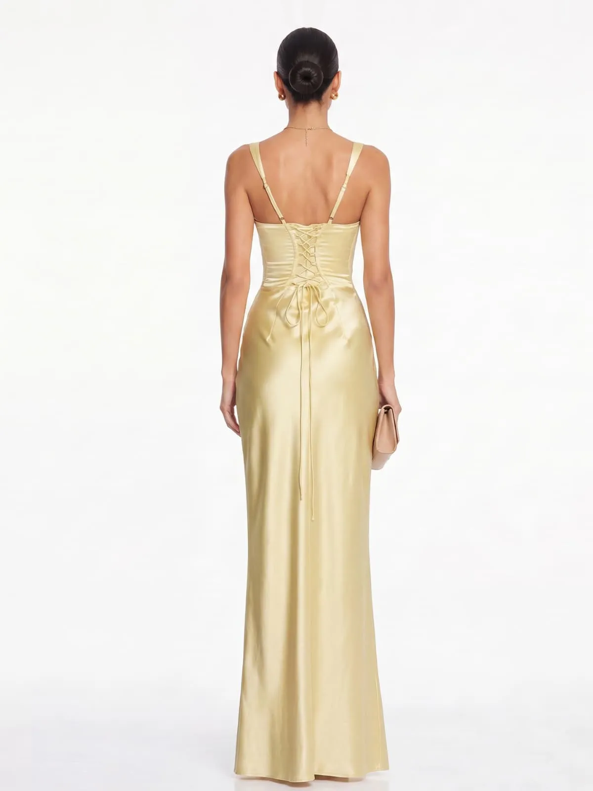 Berwick Lace Up Satin Maxi Dress In Lemon sold by Mew Mews product image thumbnail 4