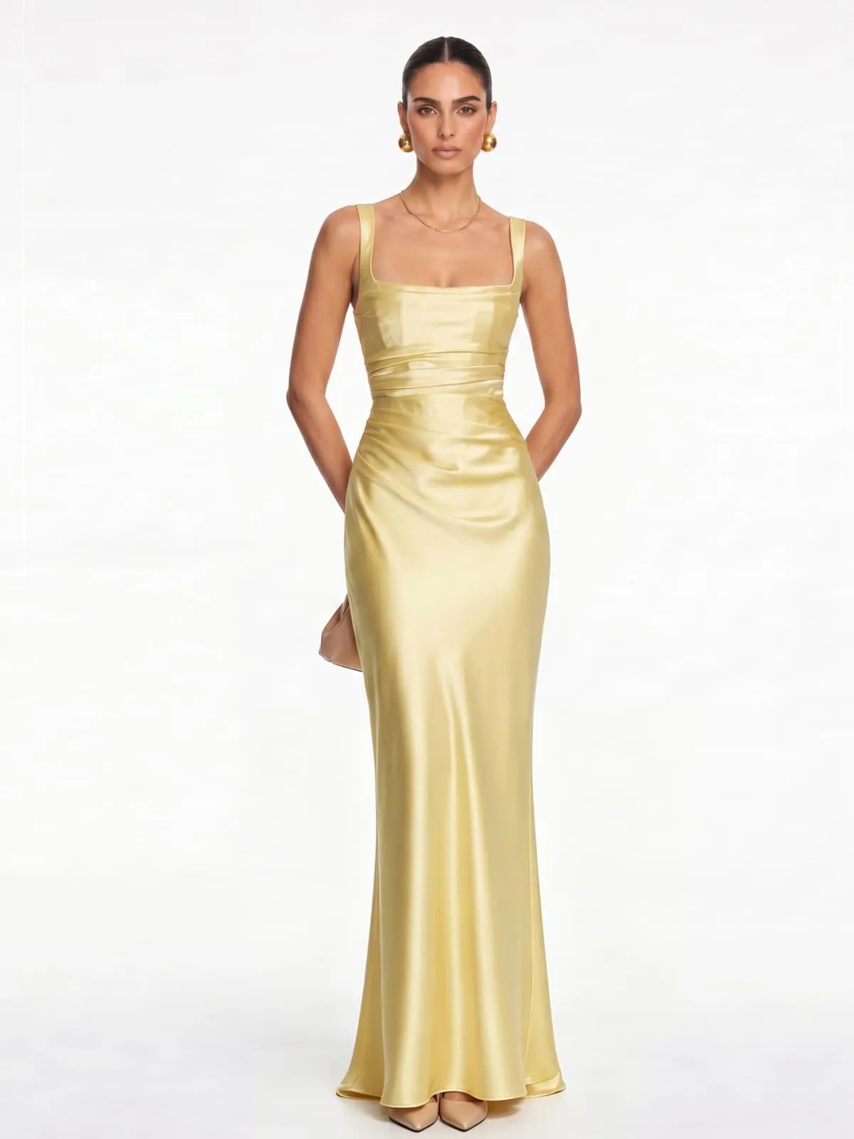 Berwick Lace Up Satin Maxi Dress In Lemon sold by Mew Mews