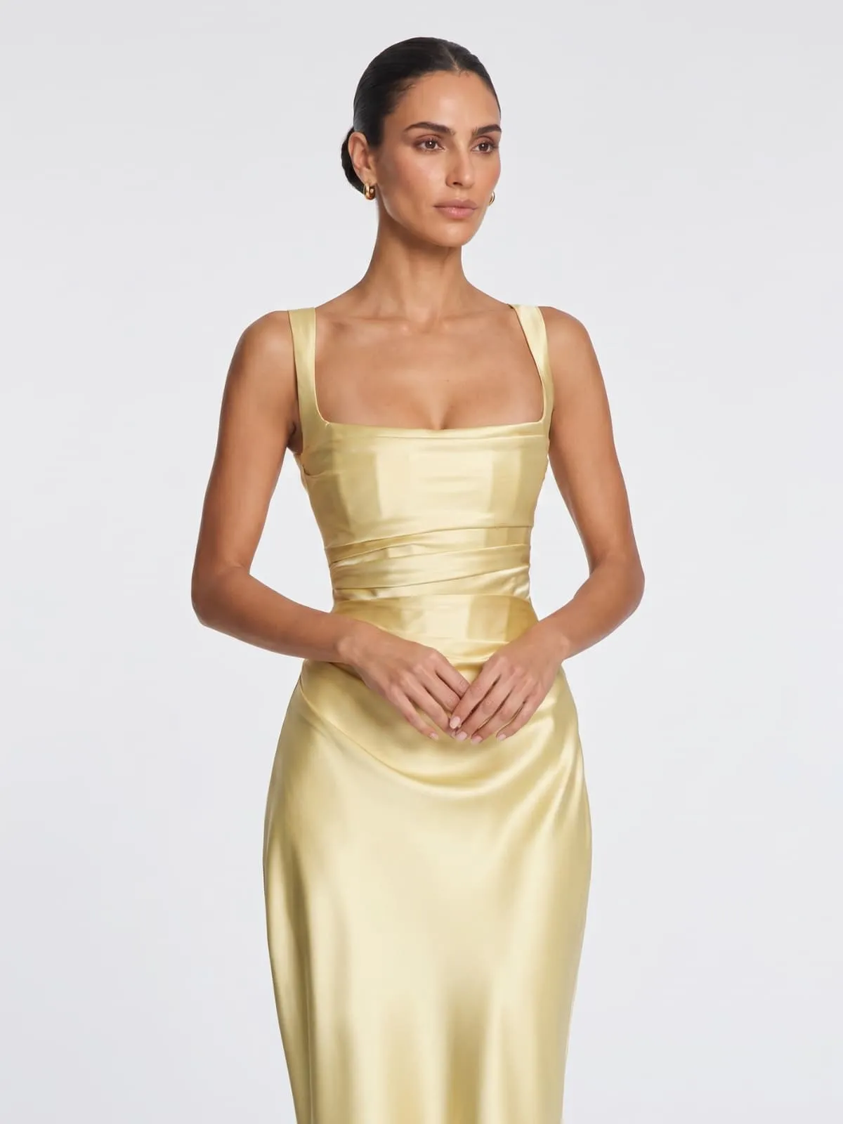 Berwick Lace Up Satin Maxi Dress In Lemon sold by Mew Mews product image thumbnail 2