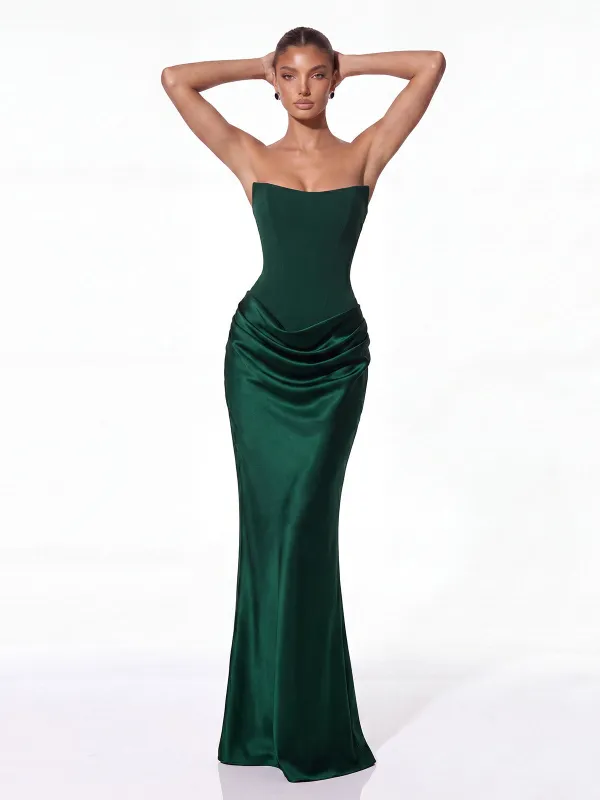 Vallissa Strapless Satin Maxi Dress In Emerald made by Mew Mews