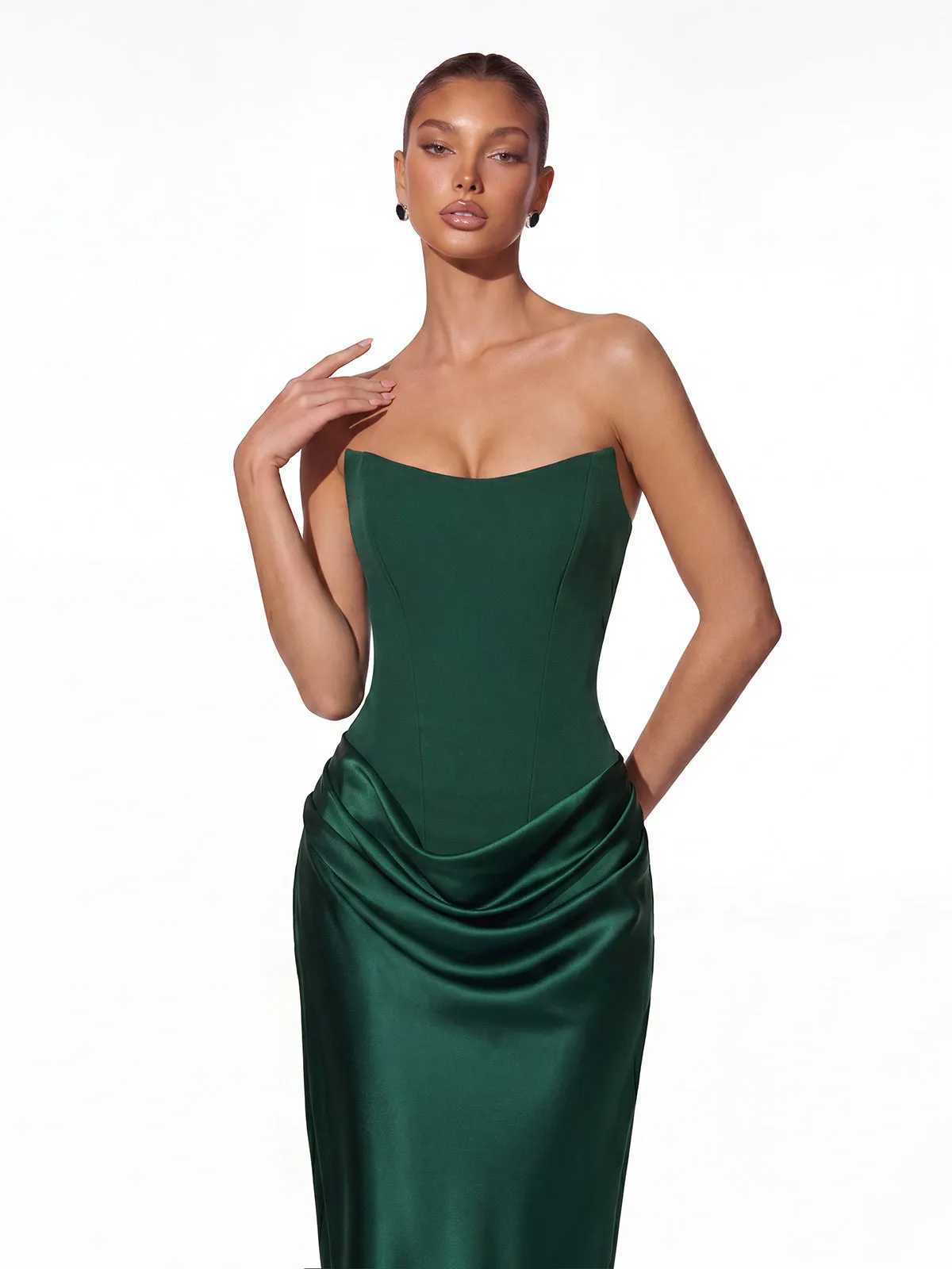 Vallissa Strapless Satin Maxi Dress In Emerald sold by Mew Mews product image thumbnail 3