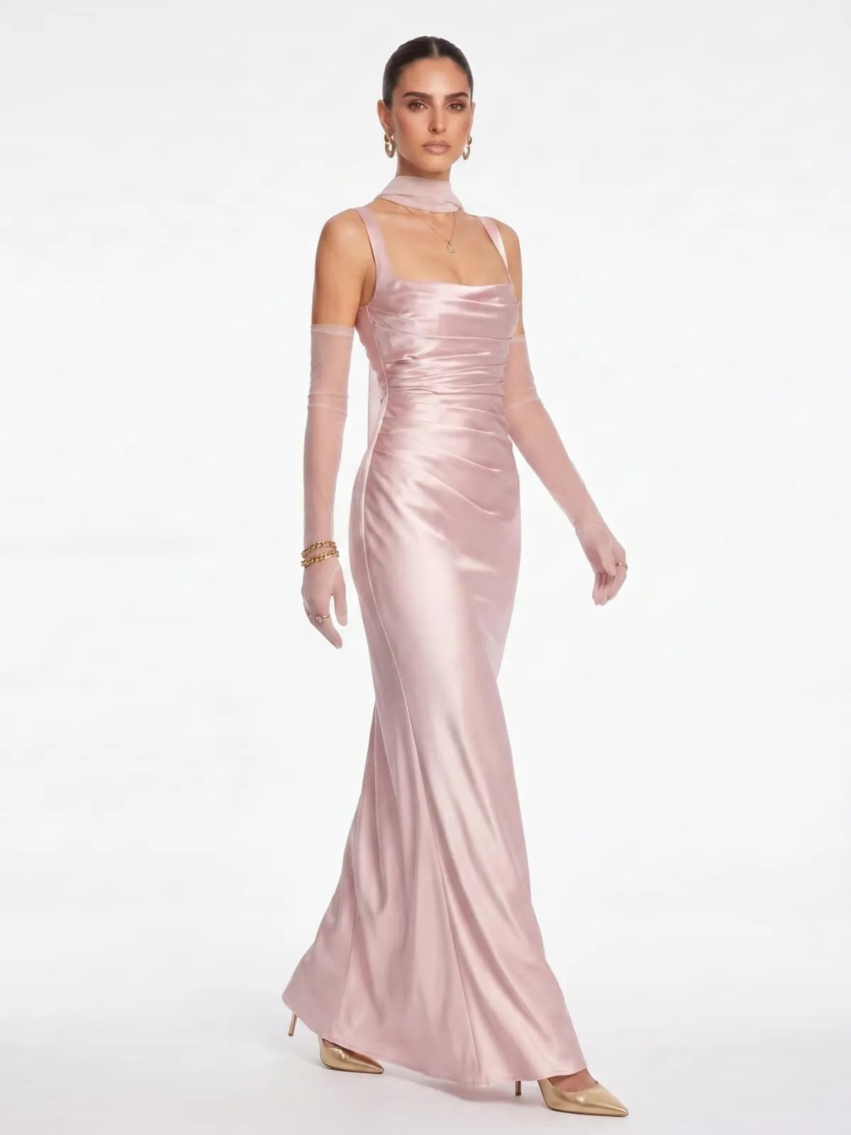 Berwick Lace Up Satin Maxi Dress In Blush sold by Mew Mews product image thumbnail 2