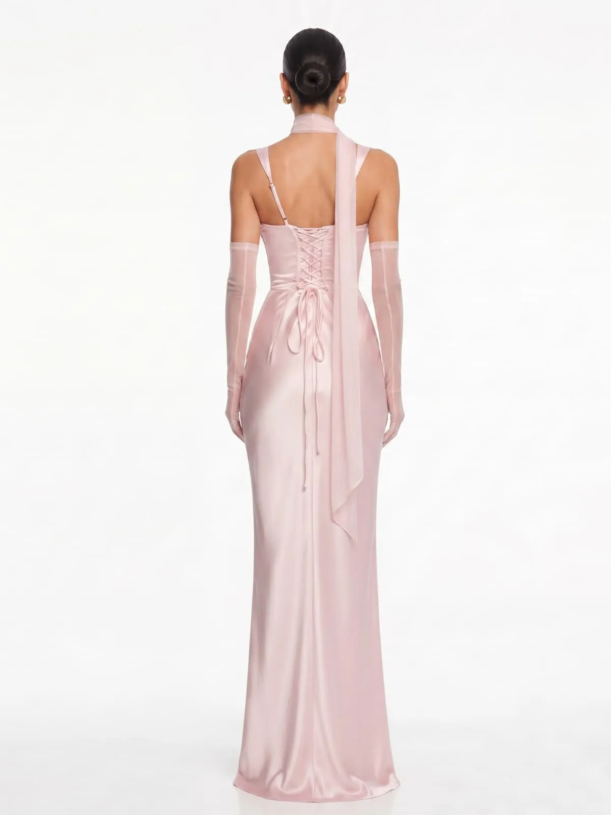 Berwick Lace Up Satin Maxi Dress In Blush sold by Mew Mews product image thumbnail 4
