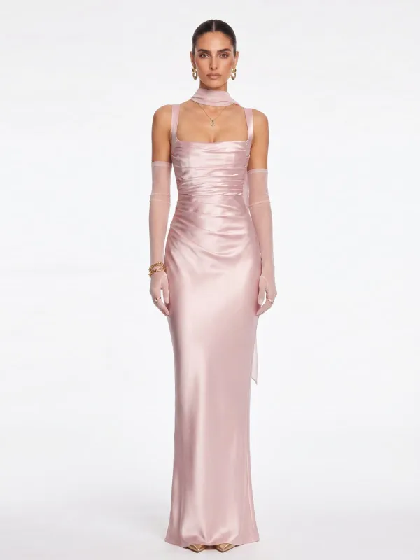 Berwick Lace Up Satin Maxi Dress In Blush made by Mew Mews
