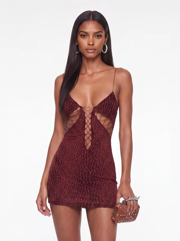 Exvira Backless Lace Up Leopard Mini Dress In Wine made by Mew Mews