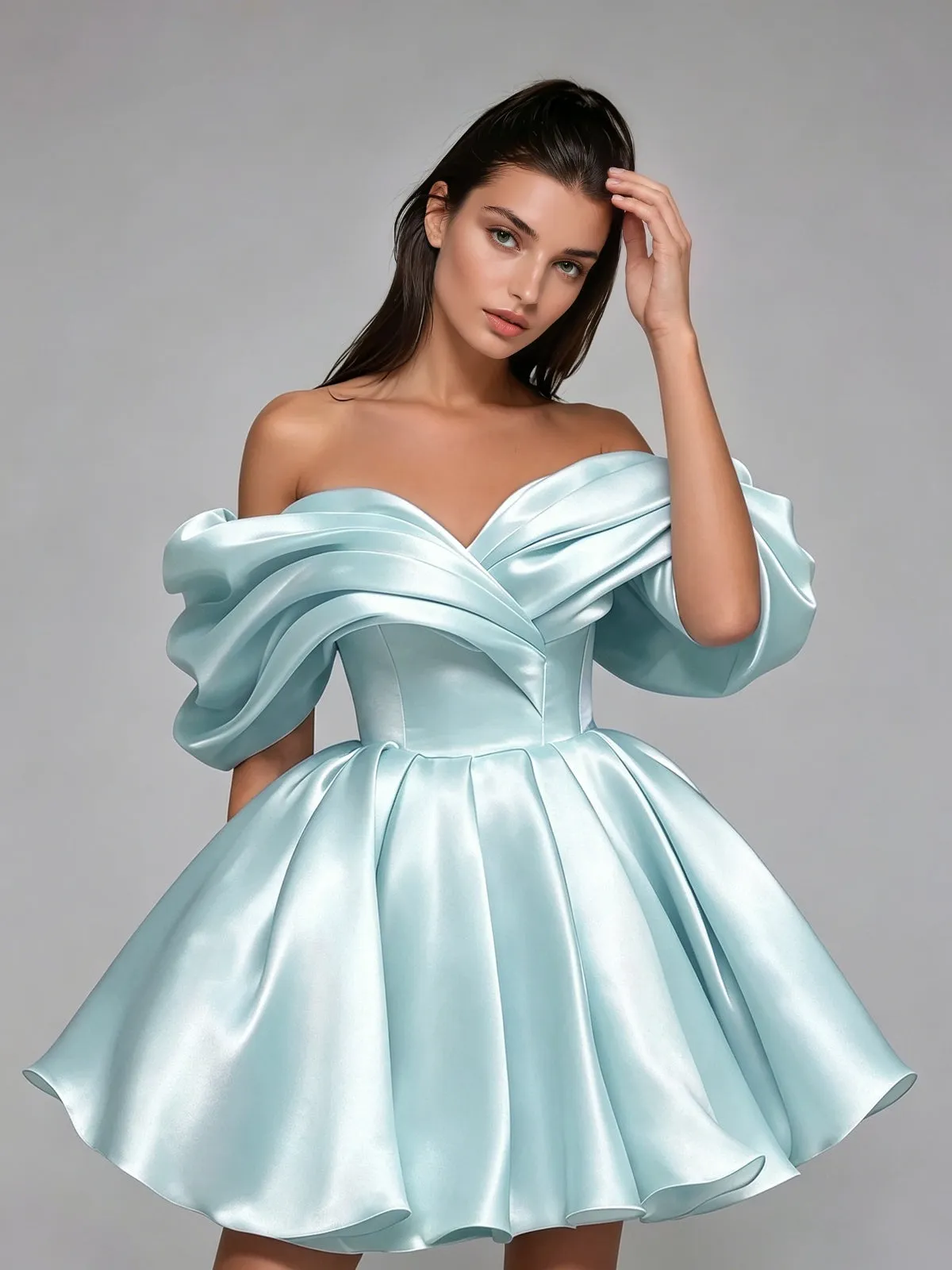 Torex Off Shoulder Ruched Flared Mini Dress In Sky sold by Mew Mews product image thumbnail 4