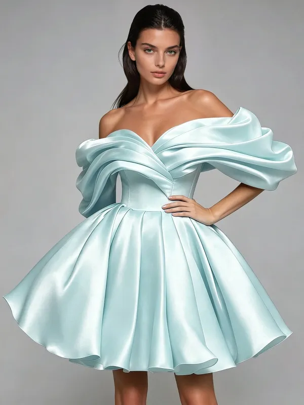 Torex Off Shoulder Ruched Flared Mini Dress In Sky made by Mew Mews