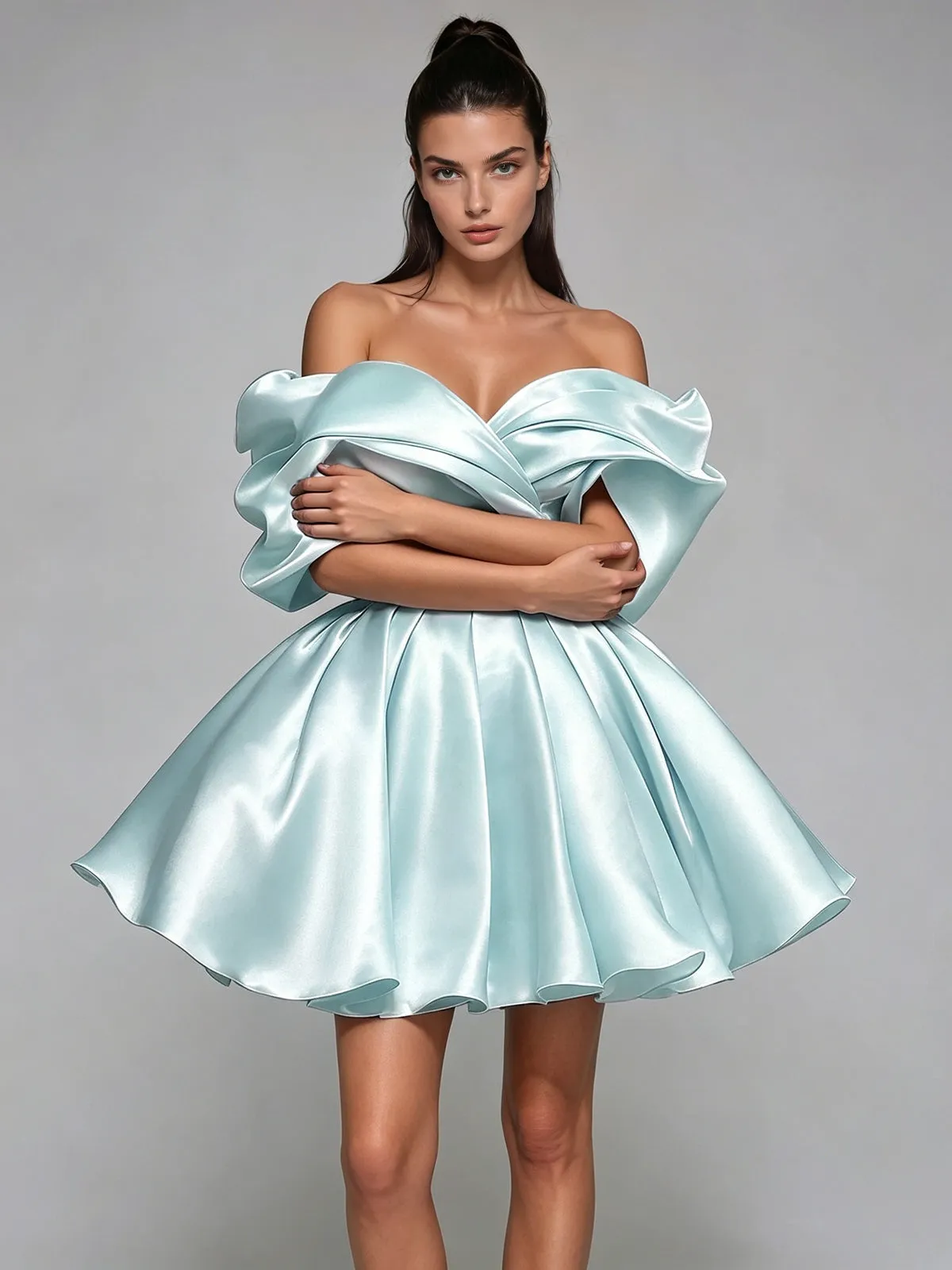 Torex Off Shoulder Ruched Flared Mini Dress In Sky sold by Mew Mews product image thumbnail 2