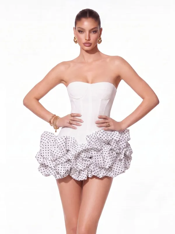 Birtin Strapless Dot Mini Dress In White made by Mew Mews