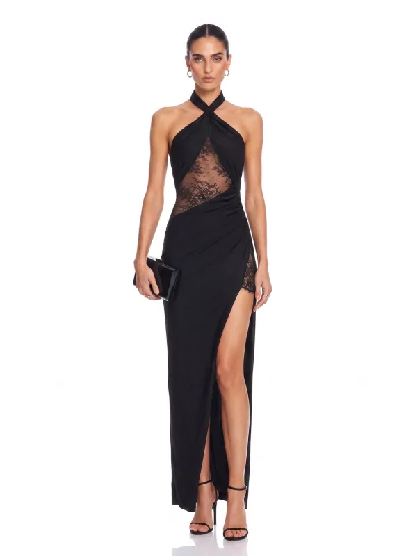 Yovian Halterneck Lace Split Maxi Dress made by Mew Mews