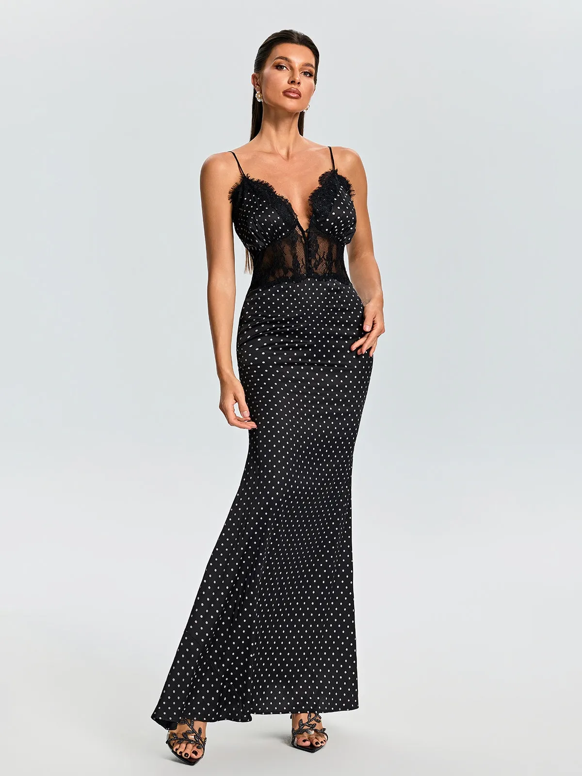 Evridiki Spaghetti Dot Lace Maxi Dress sold by Mew Mews