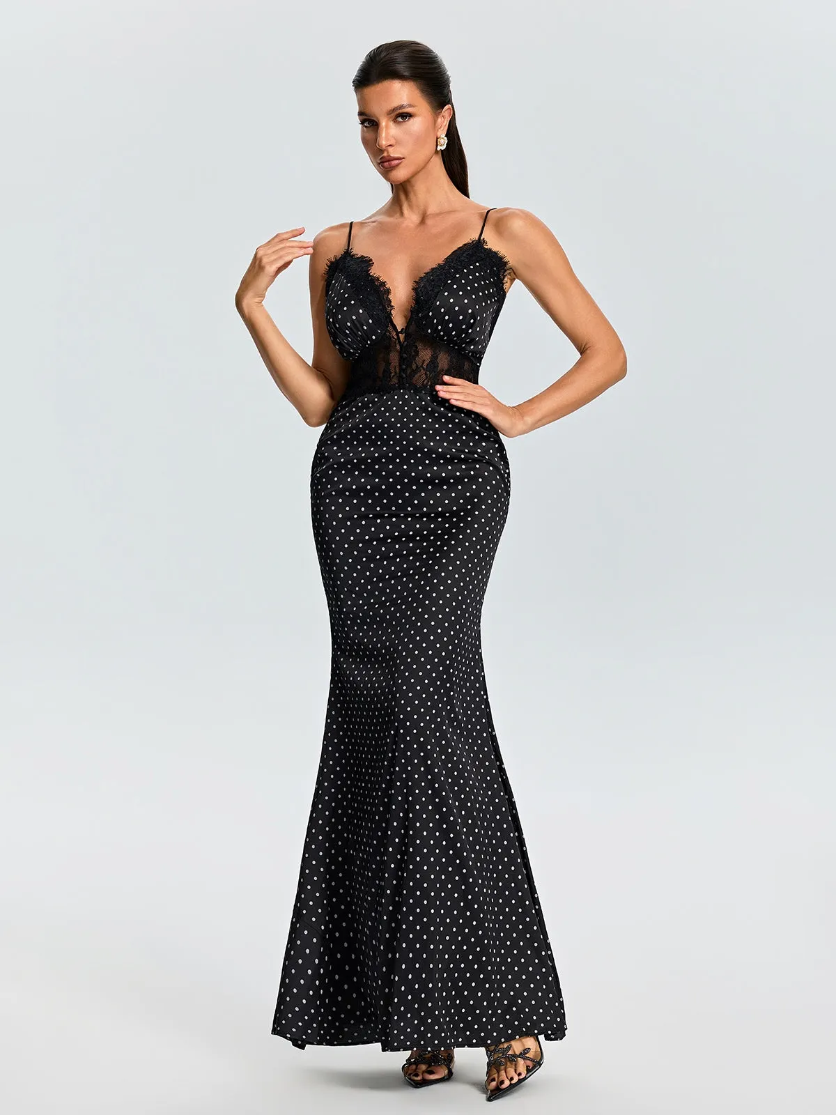 Evridiki Spaghetti Dot Lace Maxi Dress sold by Mew Mews product image thumbnail 5